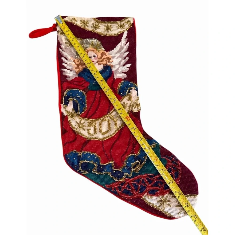 Vtg Needlepoint Christmas Stocking Angel Beaded‎ Victorian Joy Red Velveteen